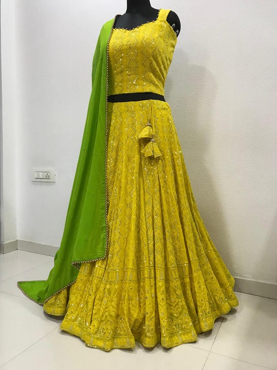 Yellow Lucknowi Lehenga with Green Dupatta: Haldi Party Wear