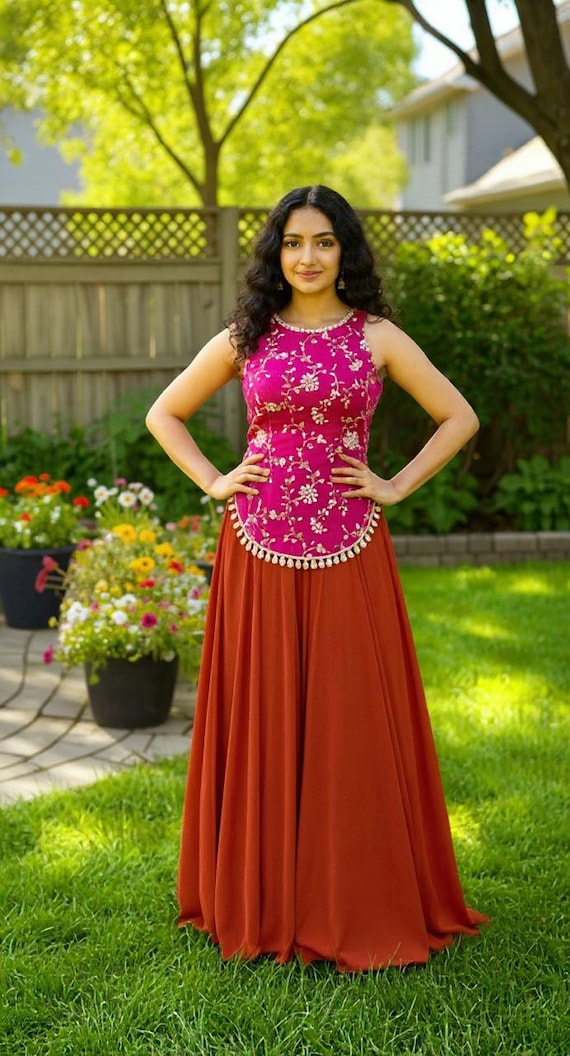 Embroidered Sharara Outfit: Hot Pink Indian Designer Palazzo Dress