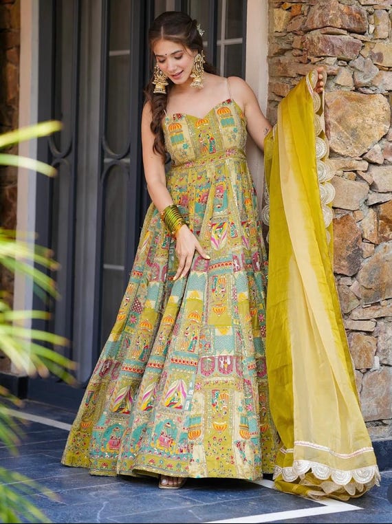 white christmas dresses Ceremony Wear Mehndi Color Gown With Work Dupatta – subhvastra main image 1