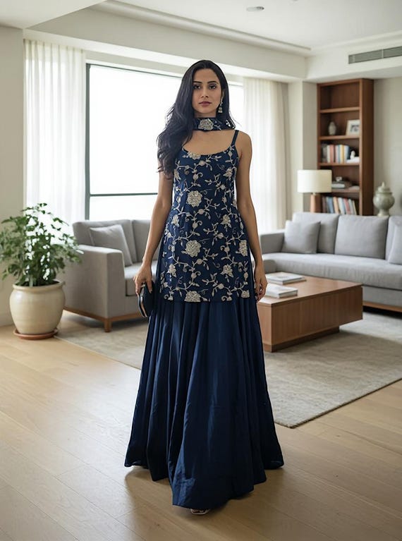 navy blue sharara dress Navy Blue Embroidered Organza Sharara: Pakistani Wedding Outfit