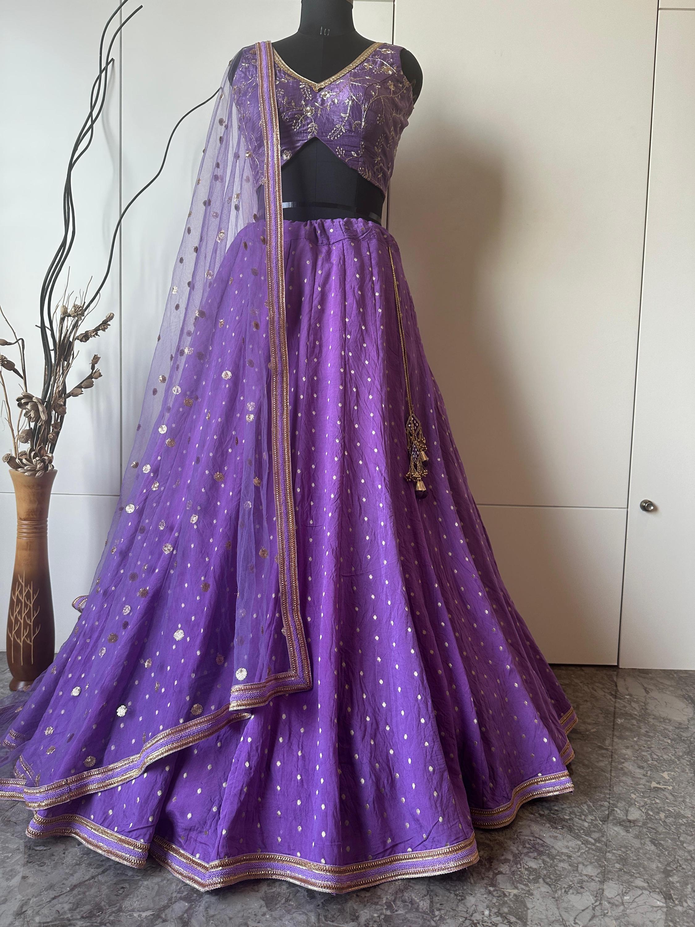 Purple Lehenga Choli: Zari Embroidery, Silk Wedding Wear Purple Lehenga Choli: Zari Embroidery, Silk Wedding Wear