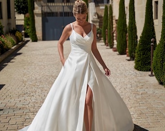 Simple satin wedding dress with high slit A line wedding gown with spaghetti strap minimalist backless wedding dress bridal dress with train