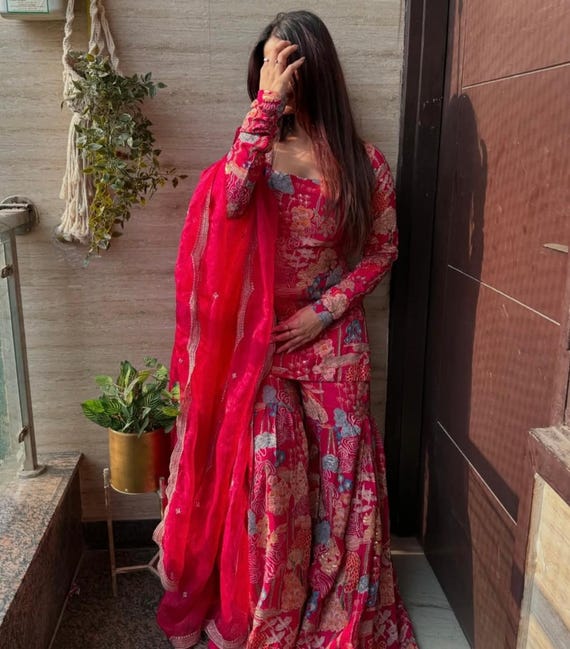 party wear sharara dress Red Sharara Dress Party Wear Sharara Suit Pakistani Lehnga Sharara Dress  Indian Ethnic Suit Set Wedding Lenga Sharara Gharara Style Dress UK