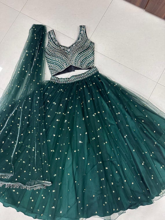 eye makeup to go with emerald green dress Sequence Work Georgette Green Mehendi Function Wear Lehenga Choli – tapee.in main image 1