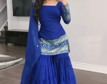 Abito Sharara in georgette blu reale: abbigliamento da festa pakistano con dupatta