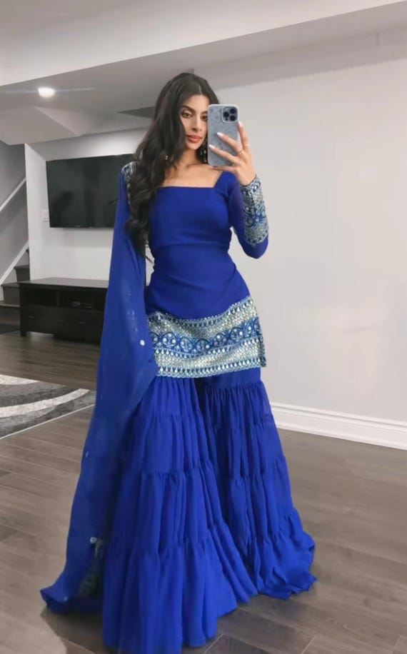 dark blue sharara dress Gharara Style Navy Blue Embroidered Sharara Suit main image 0