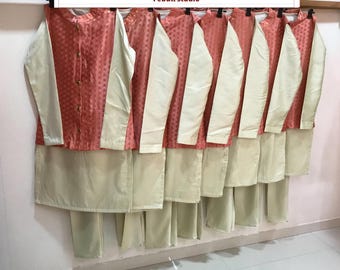 Chaqueta nehru rosa, pantalón kurta, ropa de boda étnica de diseñador indio, pijama kurta tradicional para padrinos de boda con chaqueta nehru para hombres, cosida a medida