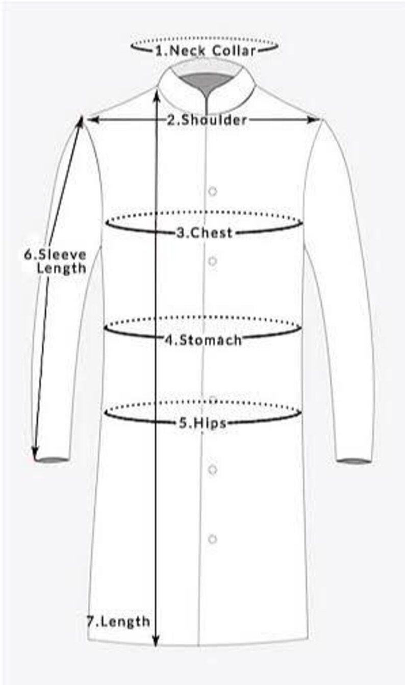 以下が含まれることがあります： カスタムフィットのための衣服の測定方法を示す図。図は、ネックカラー、肩、胸囲、お腹、ヒップ、袖丈、着丈の測定値を示しています。
