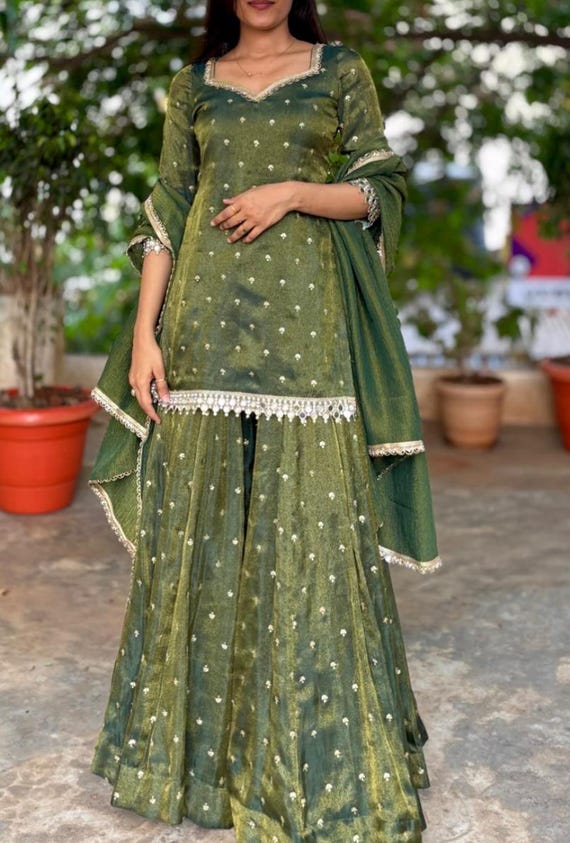green emerald velvet dress Aafiya - Emerald Green Chanderi Silk Sharara Set Online | Sheetal Batra Emerald Green / 3XL For Women main image 0