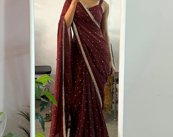 Burgundy Georgette Saree: Mukaish Embroidery, Mirror Lace Border, Stitched Blouse