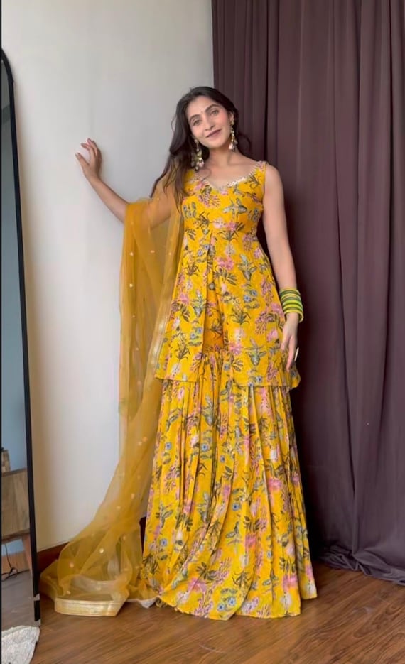 purple and orange pakistani dresses Peplum Shirt with Gharara Latest Pakistani Wedding Dresses Gharara Suits