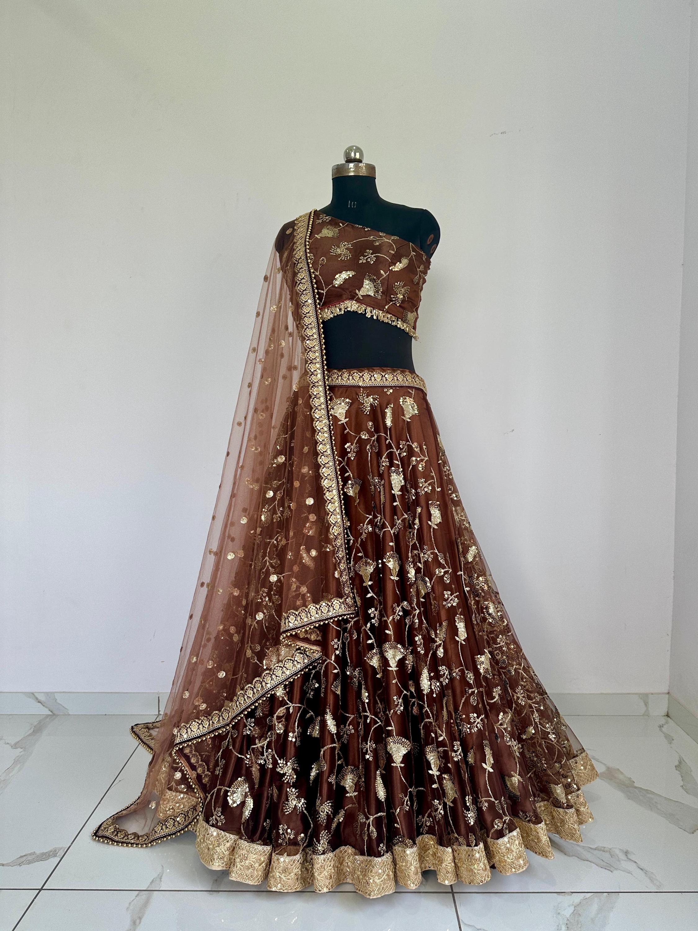 Sequin Lehenga Choli: Copper Brown & Gold One Shoulder Blouse