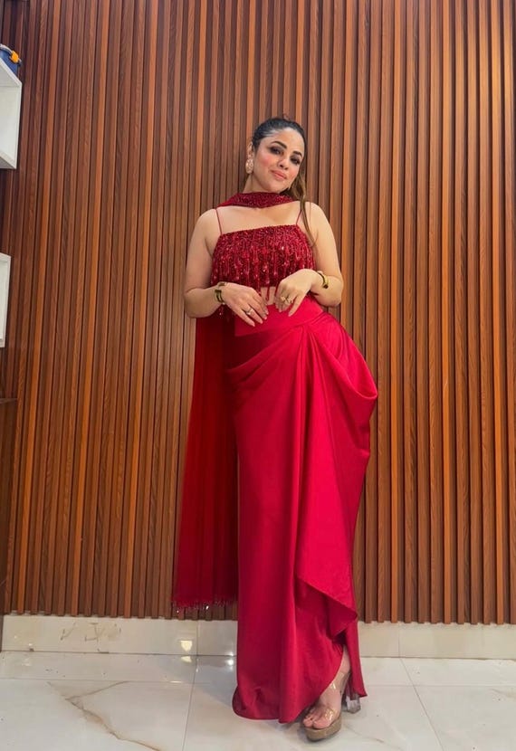 dhoti style party wear dress Red Dhoti Style Skirt Crop Top Dupatta Indian Ethnic Wear Outfit  Indowestern Outfit Party Wear Dhoti Pant for Wedding Indian Wedding Dress