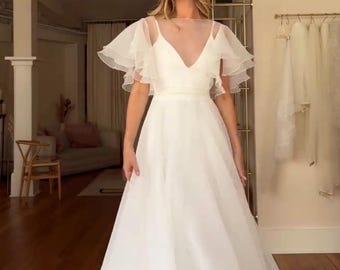 minimal organza wedding dress flutter sleeve bridal gown ethereal bridal gown elopement dress sheer illusion neckline custom bridal dressUSA