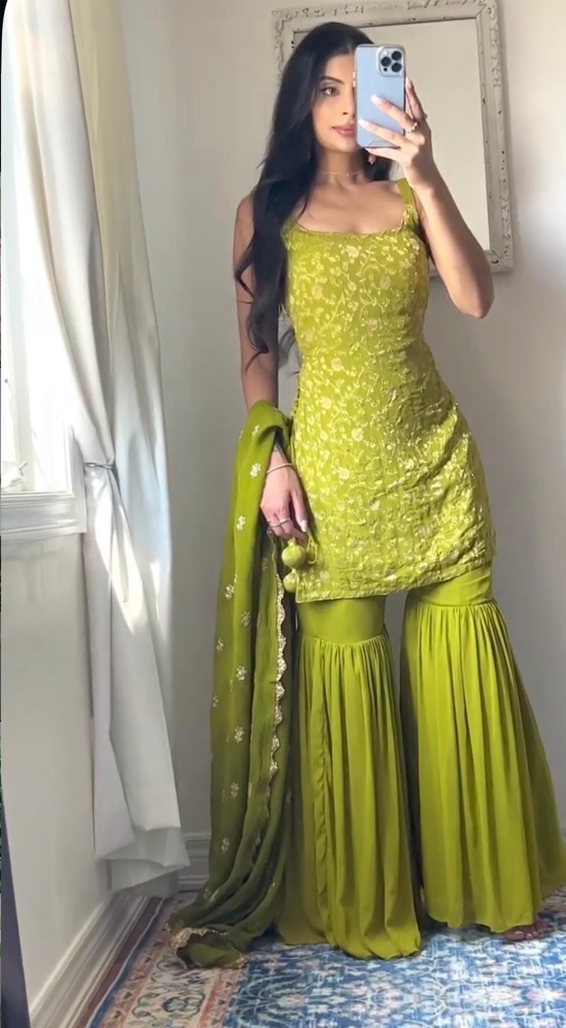 green and yellow mehndi dresses Mehndi green gharara dress with floral embroidery