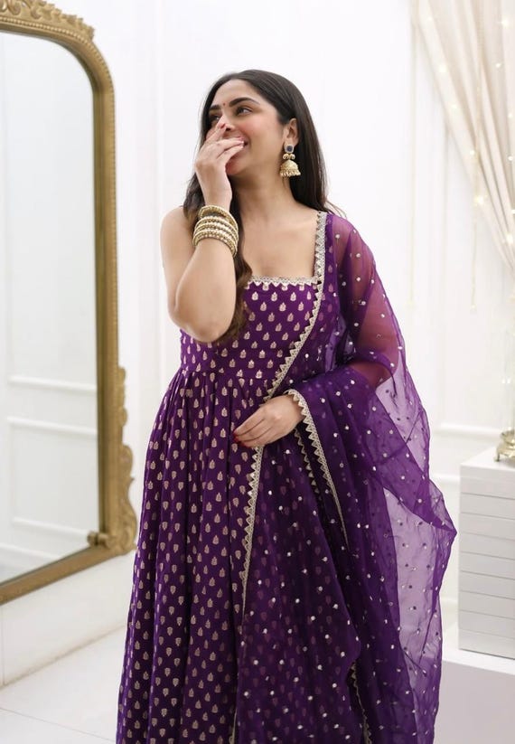 purple dress with gold accents Bold Purple Dress With Gold Button Accents