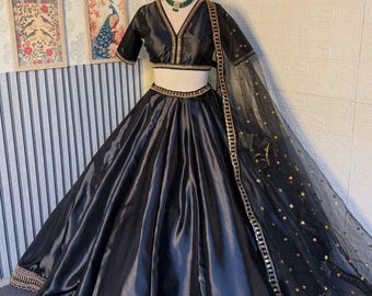 Black Satin Lehenga Choli Set Indian Wedding Outfit Party Wear Ethnic Skirt Crop Top with Dupatta party wear lehenga blouse for cocktail USA