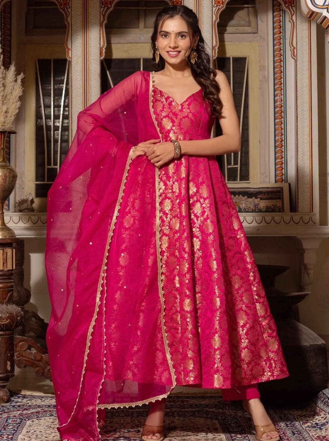 Pink Banarasi Silk Anarkali Gown: Indian Wedding Party Dress