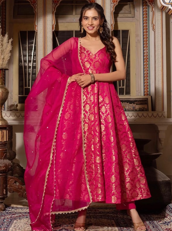 Pink Banarasi Silk Anarkali Gown: Indian Wedding Party Dress - Etsy
