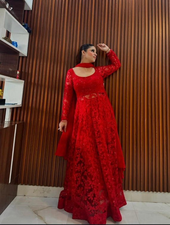 red anarkali dress heavy siquence embroidery work gown dress party wear gown for wedding red gown dress for women indian ethnic wear dressUK