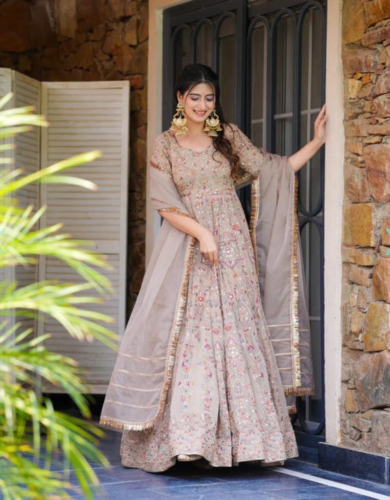 ivory floral printed anarkali gown party wear anarkali dress for brides haldi function dress mehndi outfit dress indian dress for women USA