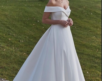 Classic off shoulder wedding dress bridal gown minimalist wedding dress satin A line wedding gown elegant simple wedding dress for brides UK