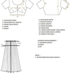 May include: Diagram of a blouse and lehenga, with measurements labeled for custom tailoring. The blouse front and back views show dimensions for shoulder, neck, chest, and sleeve. The lehenga diagram includes waist and hip measurements. Text reads "MADE TO MEASURE OUTFIT RETURN NOT ACCEPTED."