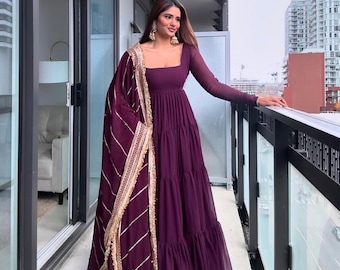 wine anarkali gown dress party wear gown for wedding indian function dress anarkali gown georgette gown with dupatta indian diwali eid dress