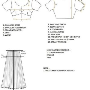 May include: Diagram of a blouse and lehenga, with measurements labeled for custom tailoring. Includes front and back views of the blouse, and a skirt. Text includes "Made to Measure Outfit Return Not Accepted."