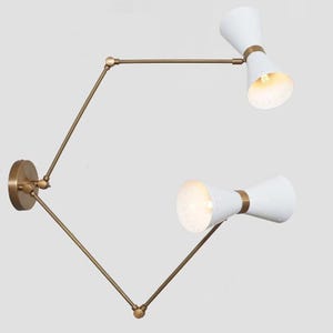Mid Century Wall Sconce Four Light Adjustable Raw Brass Finish Wall Lamps Brass White Shades Wall Lighting Vanity  Bathroom Light Fixture