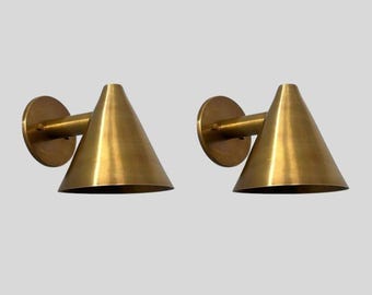 Pair of Mid Century Cone Shape Raw Brass Finish - Italian Wall Light Sconce Fixtures - Bedroom Lights - Vanity Lamps