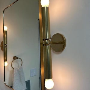 Mid Century Modern Brass Wall Sconce Pair – Cylindrical Vanity Lights