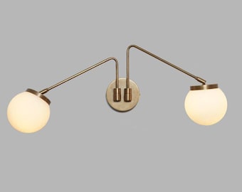 Mid-Century Modern Brass Wall Sconce – Double Globe Sputnik Light – Adjustable Swing Arm Bedside Lamp – Vintage Style Wall Light Fixture