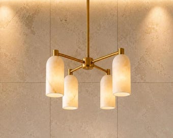 Modern Brass Chandelier, 4-Light Alabaster Style Ceiling Light – Mid Century Entryway Dining Room Fixture