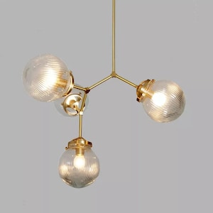 4 Globe en verre nervuré Spoutnik Lustre Luminaire moderne en laiton finition laiton brut Lampes de chambre à coucher