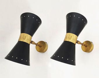 Italian Stilnovo Diablo Wall Light Pair, Matte Black & Raw Brass