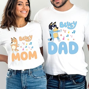 Funny Dancing Blue Dog Dad Mum Shirts Couple Shirts Cute Mum Shirt Mom and Dad Music Shirt Cartoon Parents Shirt Cartoon Blue dog shirt