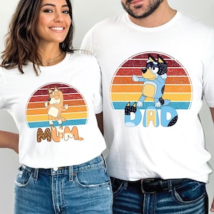 Funny Dancing Blue Dog Dad Mum Shirts Couple Shirts Cute Mum Shirts Mom and Dad Music ShirT Family matching Cartoon Shirt gift for family