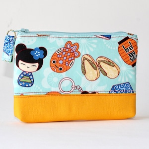 Small Zipper Pouch. Small Zipper Coin Purse. Small Zipper Bag in Blue and Yellow with Japanese theme, dolls, lanterns, sandals, lucky cat