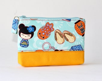 Small Zipper Pouch. Small Zipper Coin Purse. Small Zipper Bag in Blue and Yellow with Japanese theme, dolls, lanterns, sandals, lucky cat