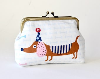 Medium Coin Purse. Kiss Lock Coin Purse. Change Purse. Butterfly Coin Purse in White with Brown and Blue Dachshunds, Doxies, Wiener Dogs