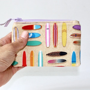 Hawaiian Surfboard Zipper Pouch: Tan Cotton Coin Purse