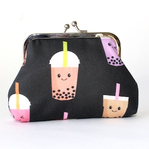 Boba Tea Coin Purse: Kiss Lock, Black Cotton, 4-inch