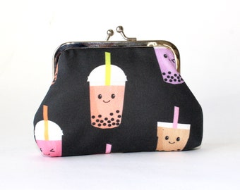 4 in. Medium Coin Purse. Kiss Lock Coin Purse. Change Purse. Coin Purse in Black with Bubble Tea, Boba Tea