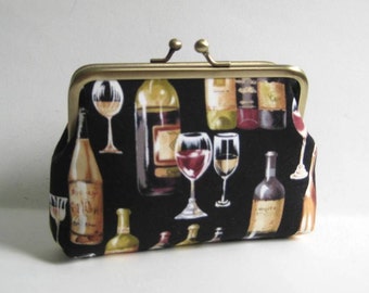 Medium Coin Purse. Kiss Lock Coin Purse. Change Purse. Frame Coin Purse  in Wine Bottles and Glasses