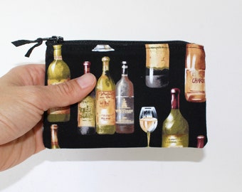 Little Zipper Pouch. Small Zipper Coin Purse. Small Zipper Bag in Black with Wine Bottles and Glasses