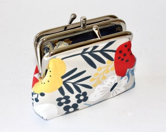 2 Compartment Coin Purse. Two Compartment Coin Purse. Double Frame Coin Purse with Blue, Yellow, Red, and White Flowers