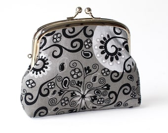 Double Frame Purse. 3 Compartment Coin Purse. Coin Purse with 3 Sections in Gray with Black and Silver Swirls