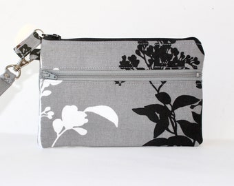 7" Double Zipper Wristlet. 2 Zipper Wristlet. Double Zip Pouch with Strap. Double Zipper Pouch in Gray with Black and White Flowers Blossoms