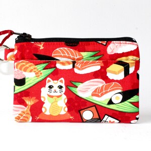 Sushi Lucky Cat ID Pouch: Red Cotton Zipper Coin Purse